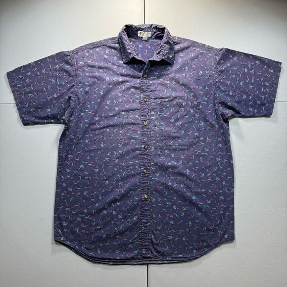 Vintage Columbia Shirt Mens Large Purple Button Down‎ Fly Fishing Print Outdoor - Picture 1 of 8